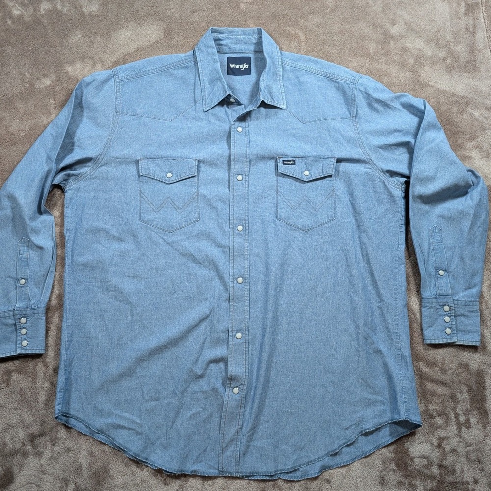 Wrangler Mens Western Snap Denim Shirt Light Wash Tall 2XT MS709CH Blue Cotton